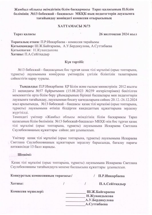 Конкурс нәтижесінің хаттамасы (қазақ тілі мұғалімі орыс топтарына)