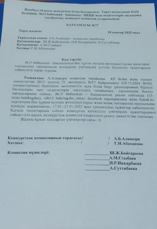 Конкурс нәтижесінің хаттамасы (Музыка жетекшісі орыс және қазақ топтарына)