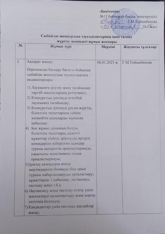 Сыбайлас жемқорлық тәуелділіктерінің ішкі талдау жүргізу жөніндегі жұмыс жоспары