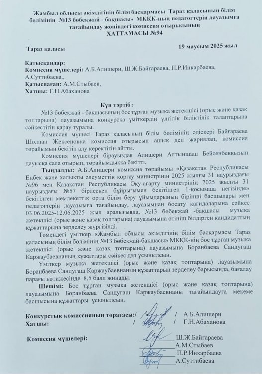 Конкурс нәтижесі (Музыка жетекшісі қазақ және орыс топтарына)