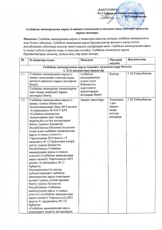 Сыбайлас жемқорлыққа қарсы іс-қимыл саласындағы қатынастарды реттеуге арналған жұмыс жоспары